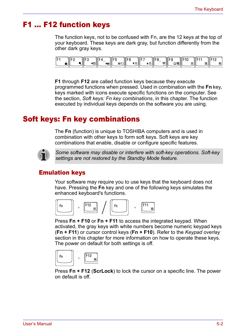 F1 ... f12 function keys, Soft keys: fn key combinations, Emulation keys | Emulation keys -2 | Toshiba SATELLITE M30X User Manual | Page 89 / 155