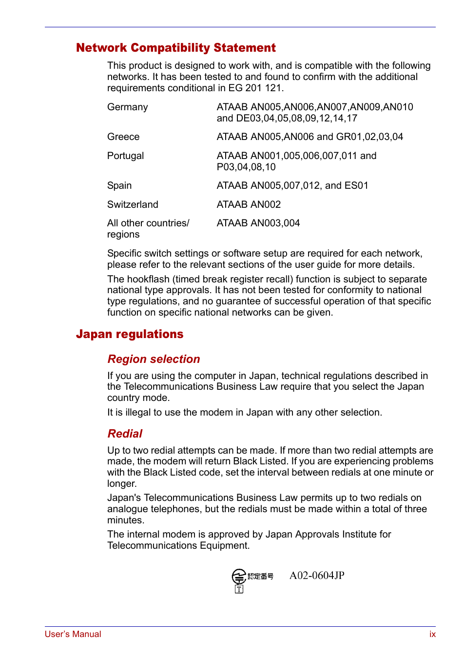 Network compatibility statement, Japan regulations | Toshiba SATELLITE M30X User Manual | Page 9 / 155