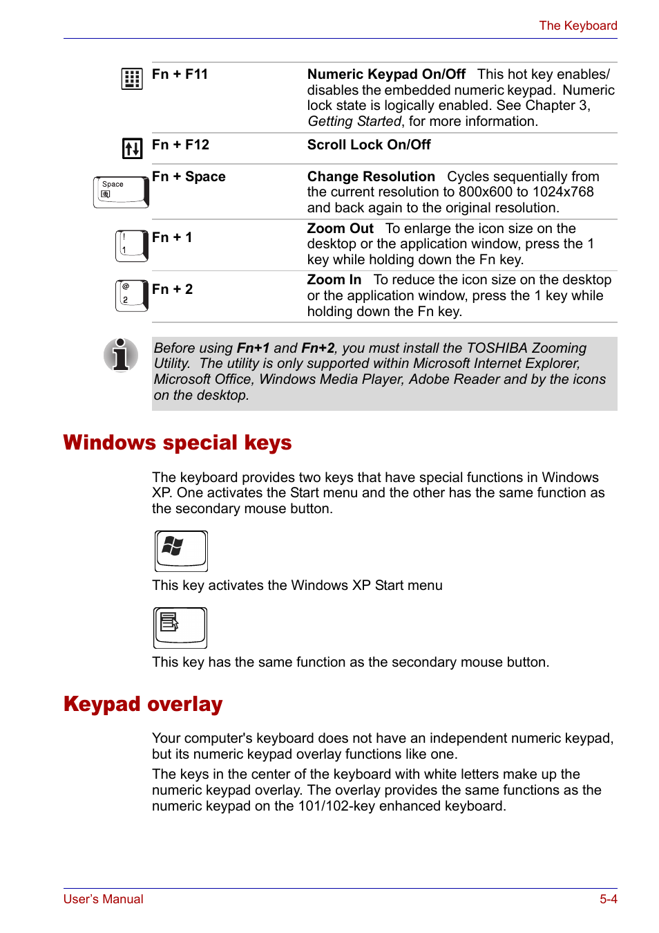 Windows special keys, Keypad overlay, Windows special keys -4 keypad overlay -4 | Toshiba SATELLITE M30X User Manual | Page 91 / 155