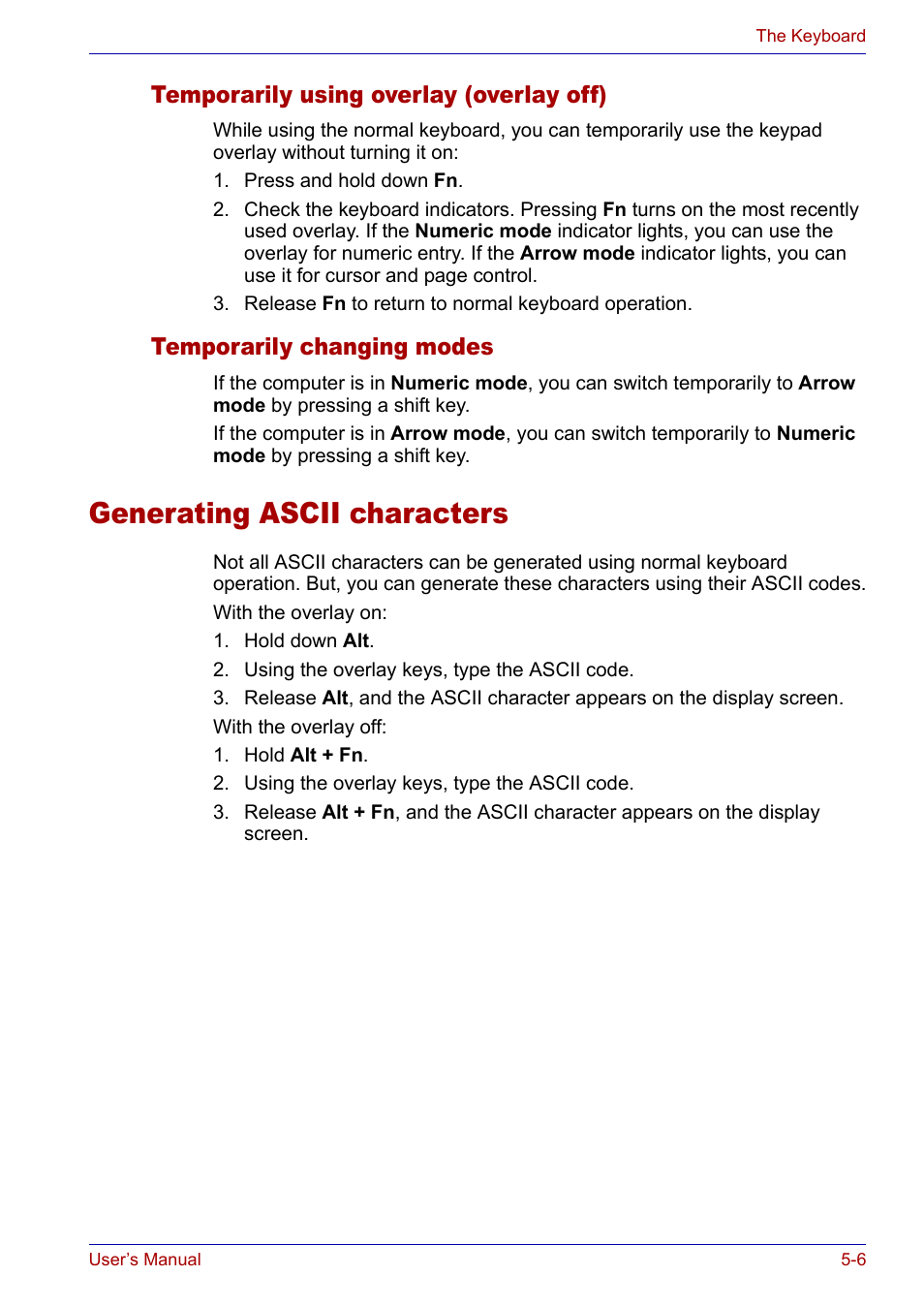Temporarily using overlay (overlay off), Temporarily changing modes, Generating ascii characters | Generating ascii characters -6 | Toshiba SATELLITE M30X User Manual | Page 93 / 155