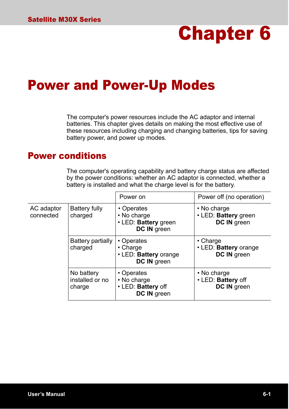 Chapter 6 power and power-up modes, Power conditions, Chapter 6 | Power and power-up modes, Power conditions -1, Chapter 6, power and power-up modes | Toshiba SATELLITE M30X User Manual | Page 94 / 155