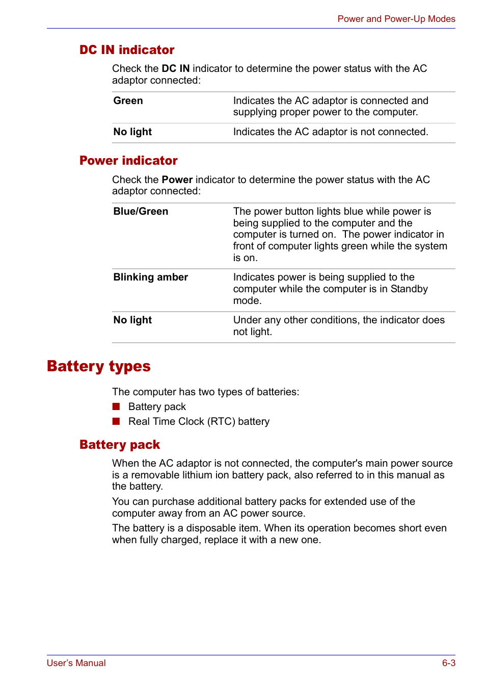 Dc in indicator, Power indicator, Battery types | Battery pack, Dc in indicator -3 power indicator -3, Battery types -3, Battery pack -3 | Toshiba SATELLITE M30X User Manual | Page 96 / 155