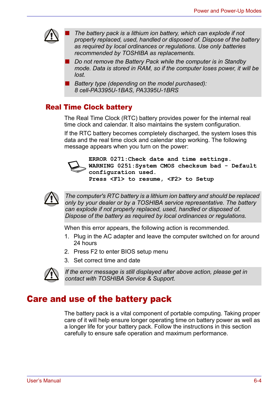 Real time clock battery, Care and use of the battery pack, Real time clock battery -4 | Care and use of the battery pack -4 | Toshiba SATELLITE M30X User Manual | Page 97 / 155