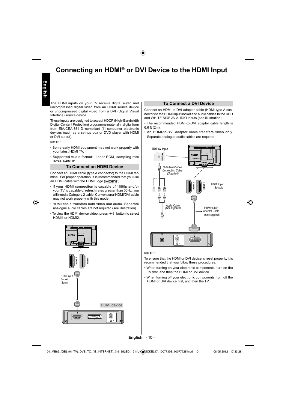 Connecting an hdmi, Or dvi device to the hdmi input, English | Toshiba DL934 User Manual | Page 11 / 54