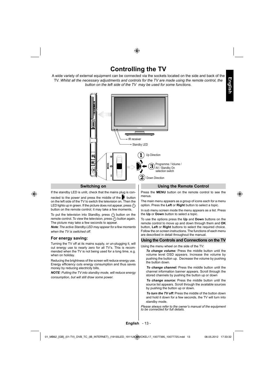 Controlling the tv, English | Toshiba DL934 User Manual | Page 14 / 54