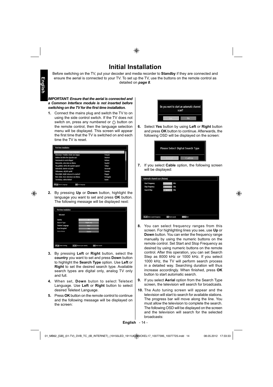 Initial installation, English | Toshiba DL934 User Manual | Page 15 / 54