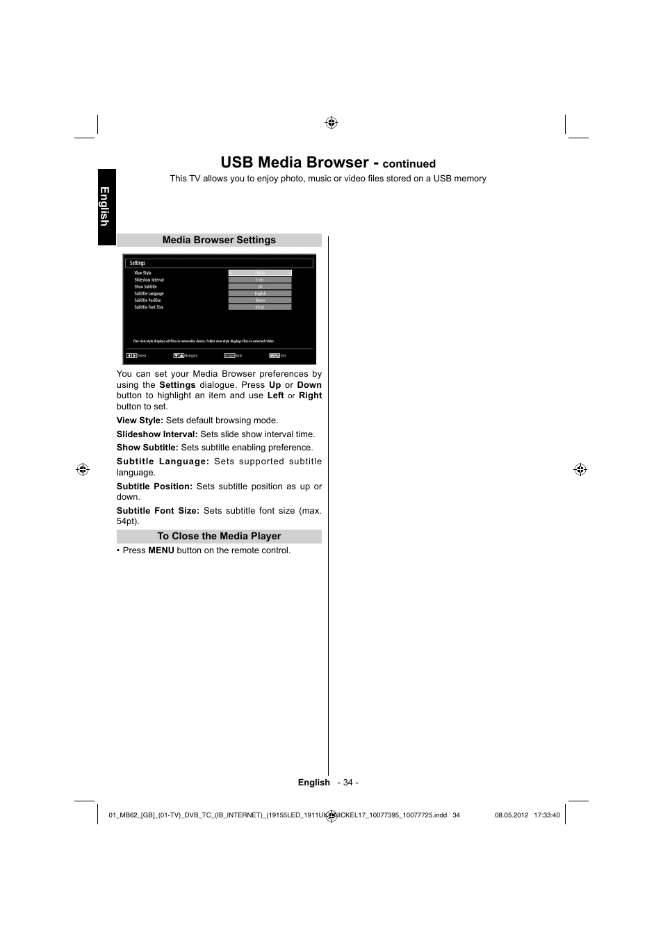 Usb media browser, English, Continued | Toshiba DL934 User Manual | Page 35 / 54