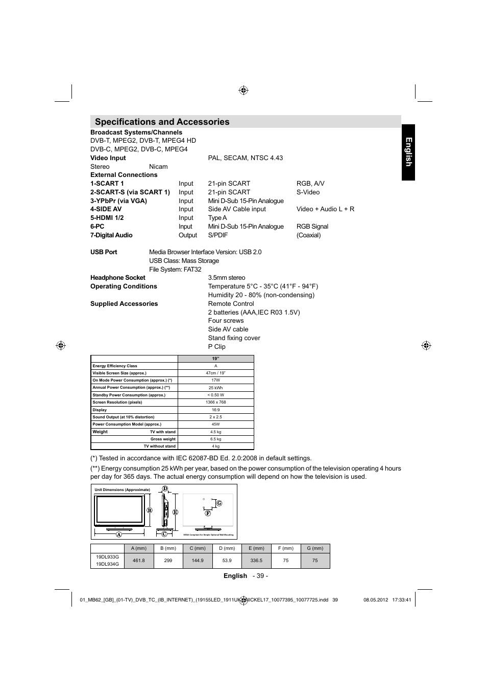 Specifi cations and accessories, English | Toshiba DL934 User Manual | Page 40 / 54