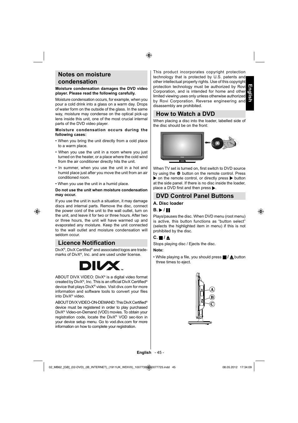 Licence notifi cation, How to watch a dvd, Dvd control panel buttons | English | Toshiba DL934 User Manual | Page 46 / 54