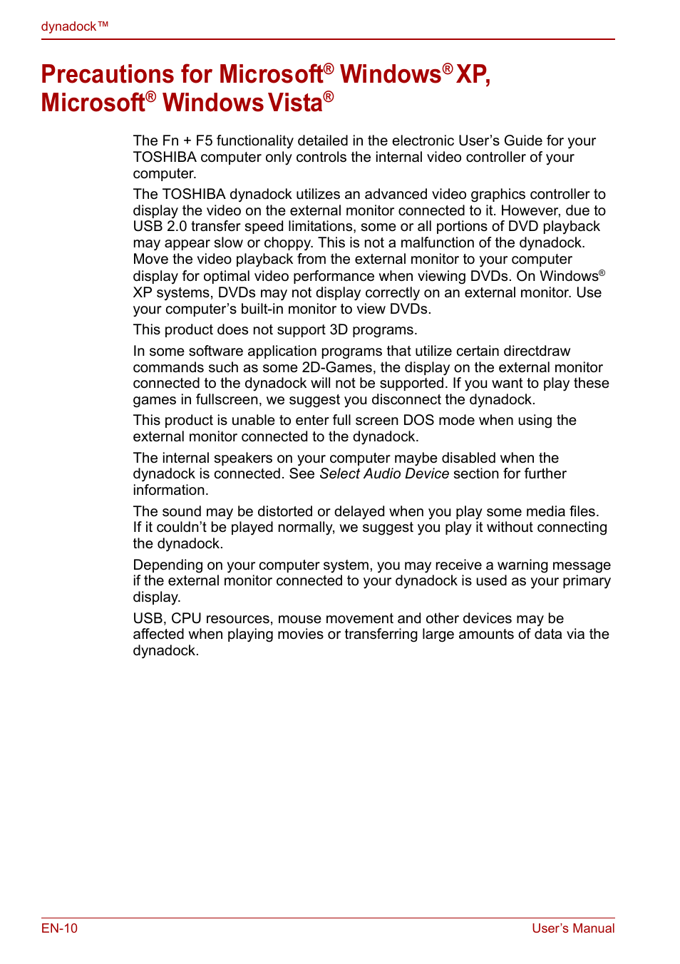 Precautions for microsoft, Windows, Xp, microsoft | Vista | Toshiba Dynadock U10 User Manual | Page 10 / 44