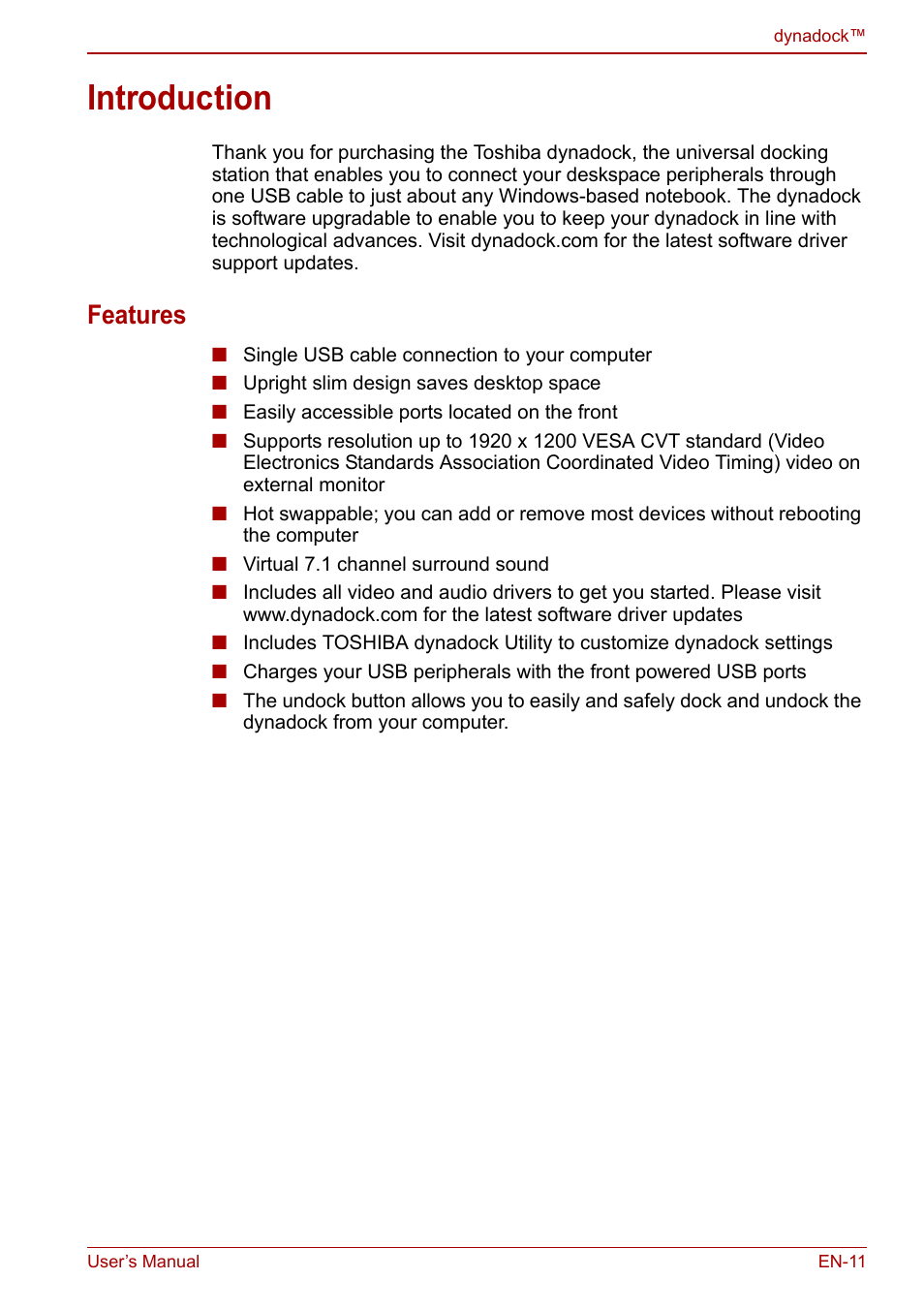 Introduction, Features | Toshiba Dynadock U10 User Manual | Page 11 / 44