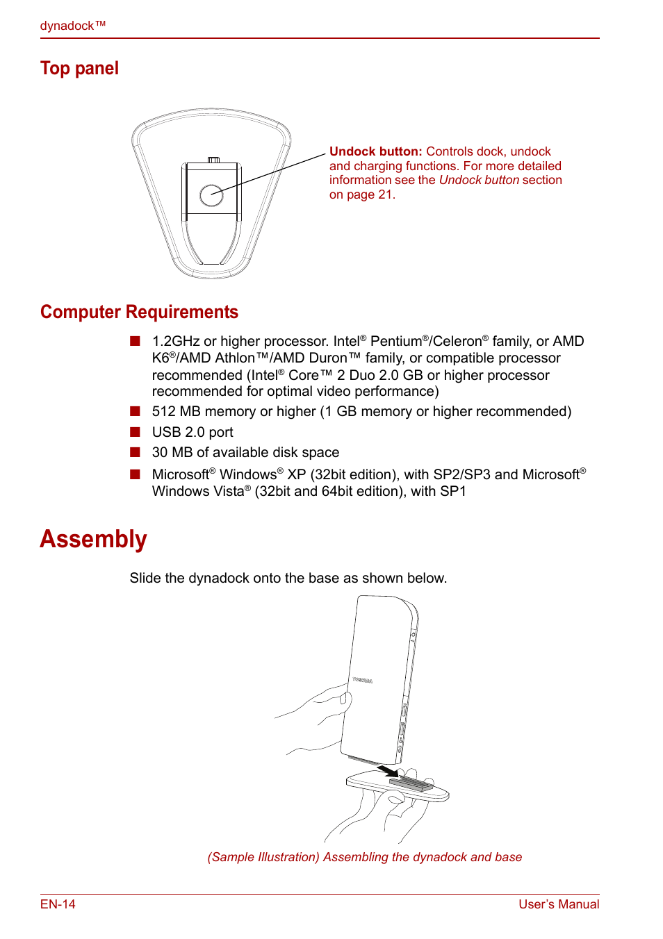 Top panel, Computer requirements, Assembly | Top panel computer requirements | Toshiba Dynadock U10 User Manual | Page 14 / 44
