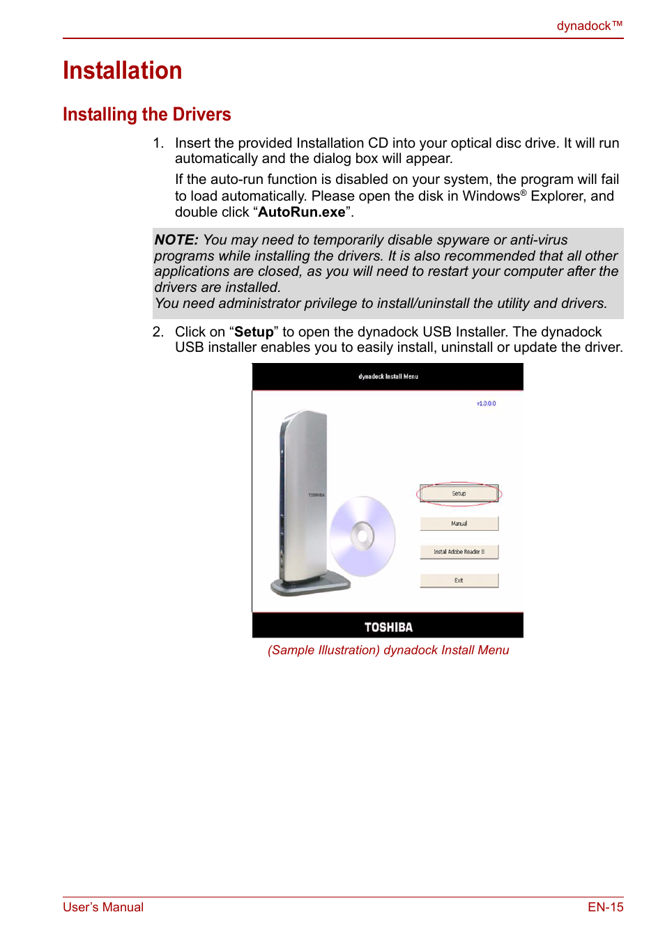 Installation, Installing the drivers | Toshiba Dynadock U10 User Manual | Page 15 / 44