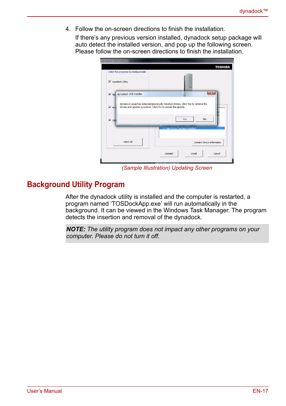 Background utility program | Toshiba Dynadock U10 User Manual | Page 17 / 44