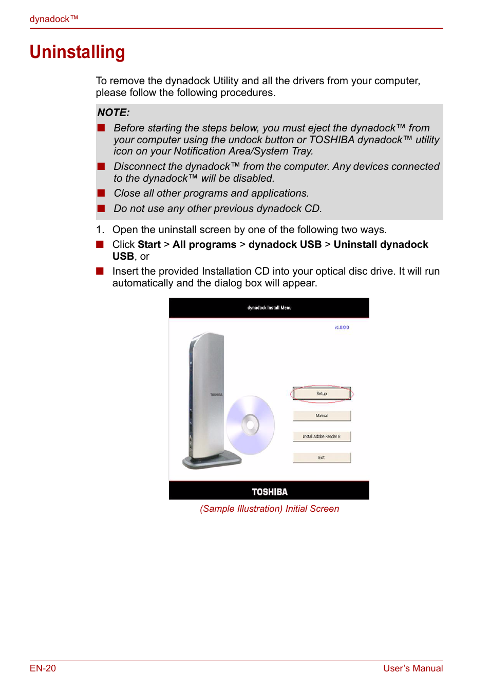 Uninstalling | Toshiba Dynadock U10 User Manual | Page 20 / 44