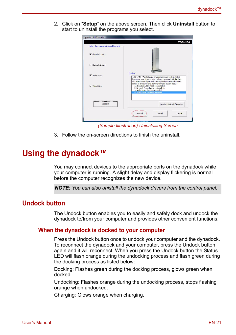 Using the dynadock, Undock button | Toshiba Dynadock U10 User Manual | Page 21 / 44