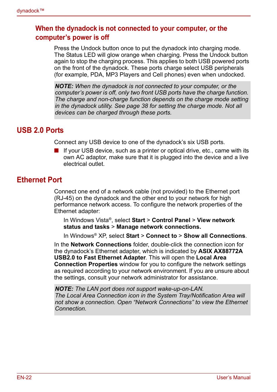 Usb 2.0 ports, Ethernet port, Usb 2.0 ports ethernet port | When the dynadock | Toshiba Dynadock U10 User Manual | Page 22 / 44