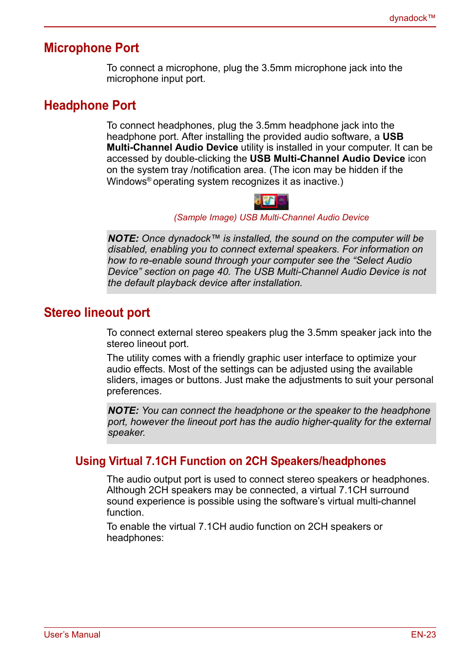 Microphone port, Headphone port, Stereo lineout port | Microphone port headphone port stereo lineout port | Toshiba Dynadock U10 User Manual | Page 23 / 44