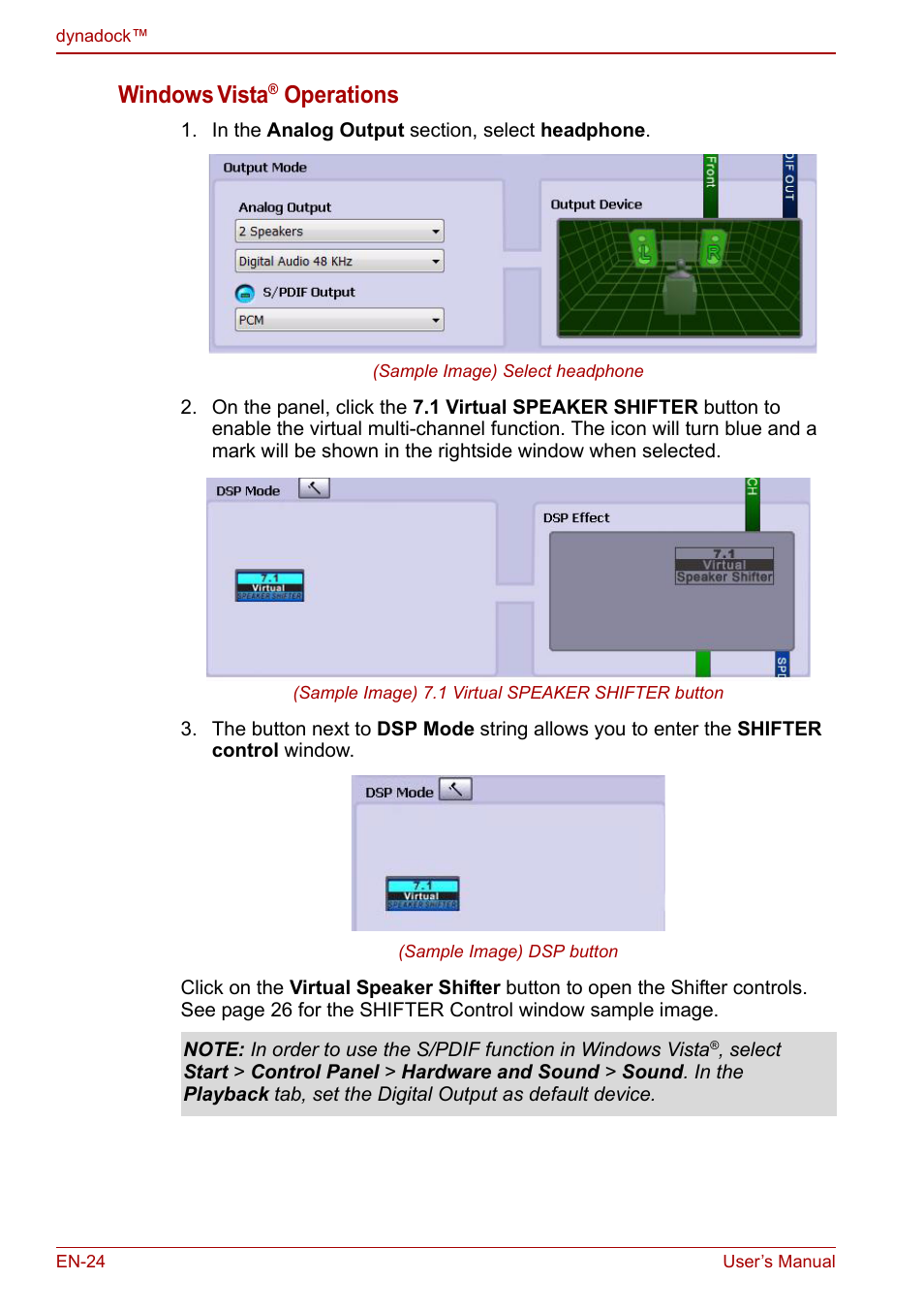 Windows, Vista, Operations | Toshiba Dynadock U10 User Manual | Page 24 / 44