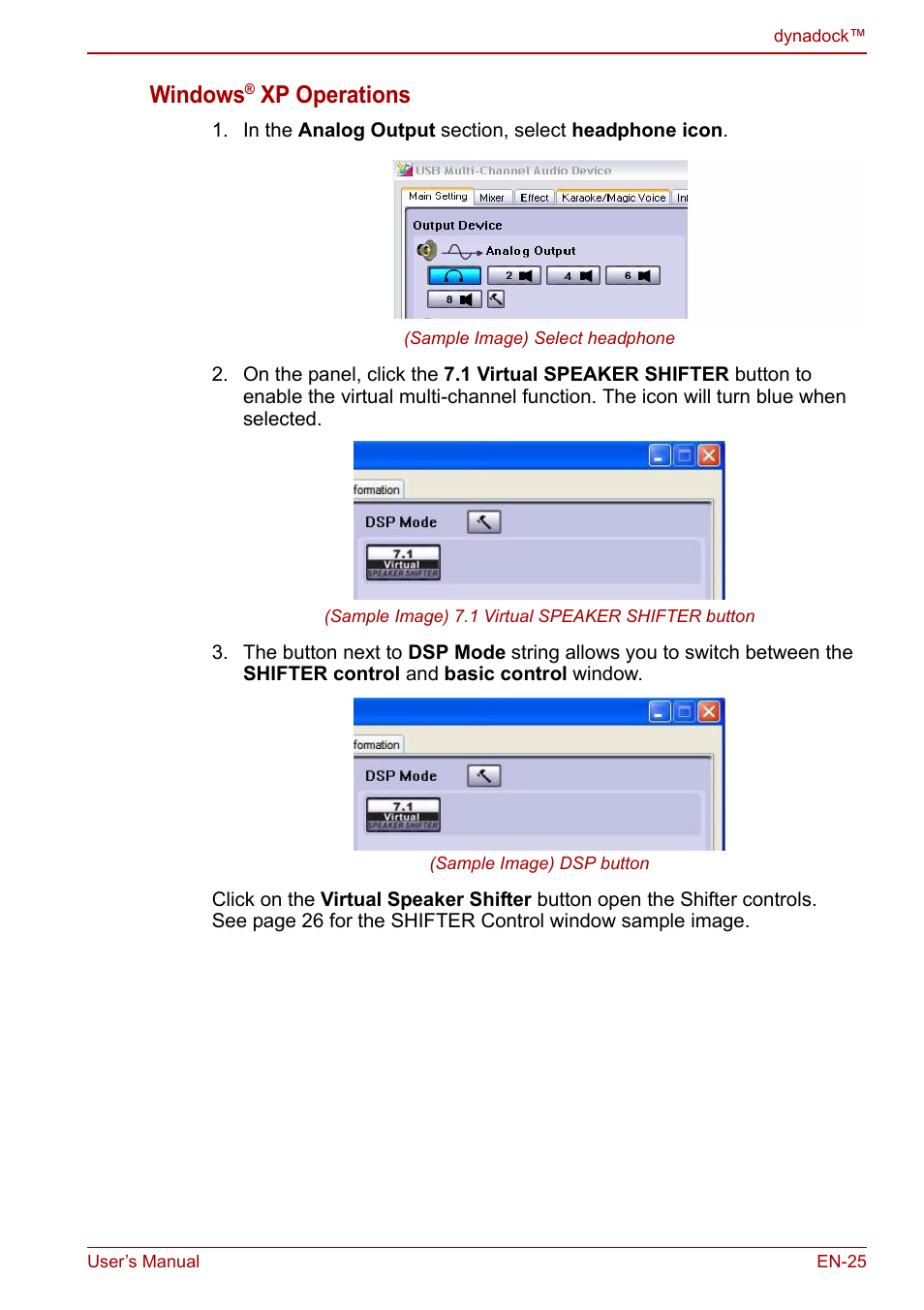 Windows, Xp operations | Toshiba Dynadock U10 User Manual | Page 25 / 44
