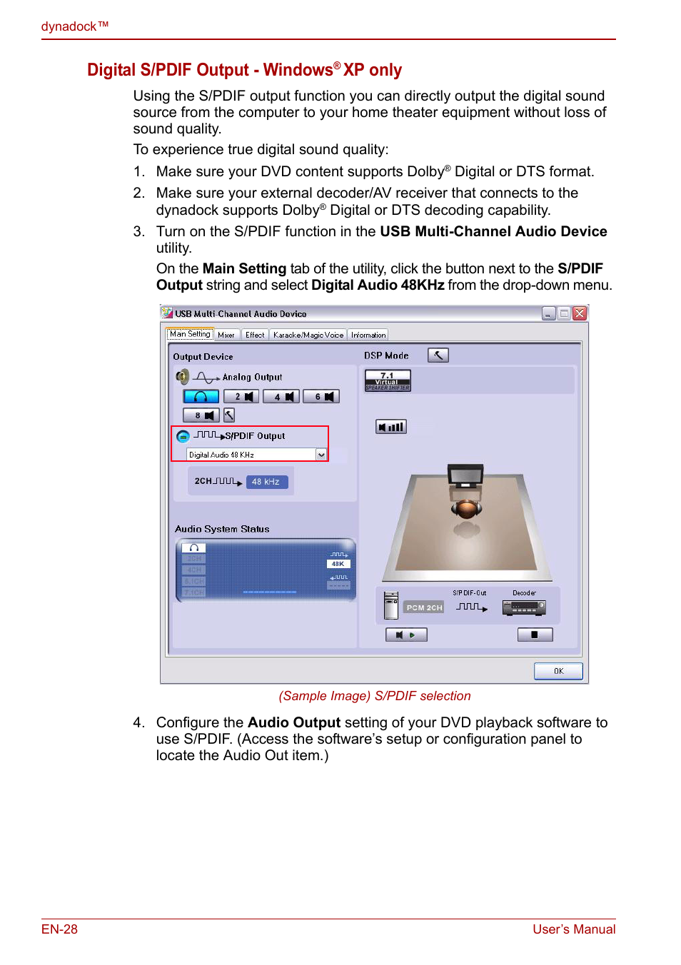 Digital s/pdif output - windows, Xp only | Toshiba Dynadock U10 User Manual | Page 28 / 44