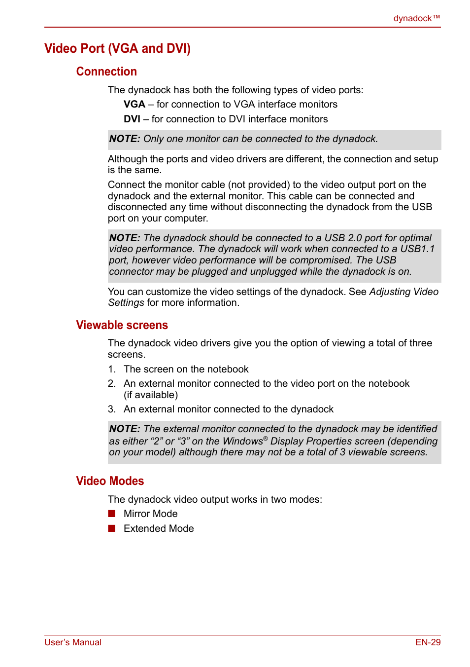Video port (vga and dvi), Connection, Viewable screens | Video modes | Toshiba Dynadock U10 User Manual | Page 29 / 44