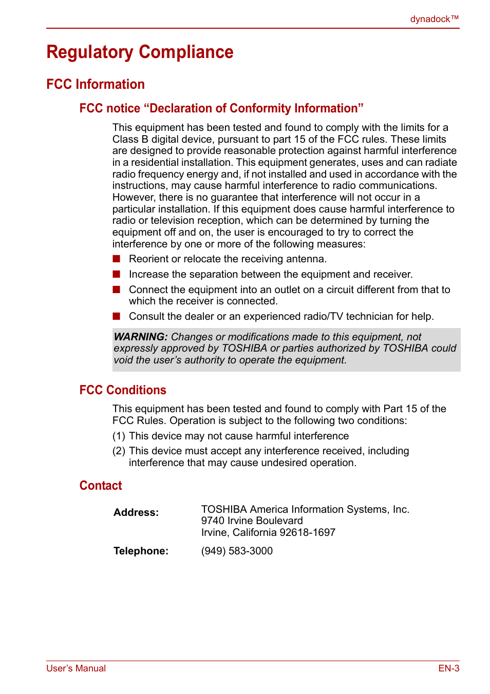 Regulatory compliance, Fcc information | Toshiba Dynadock U10 User Manual | Page 3 / 44