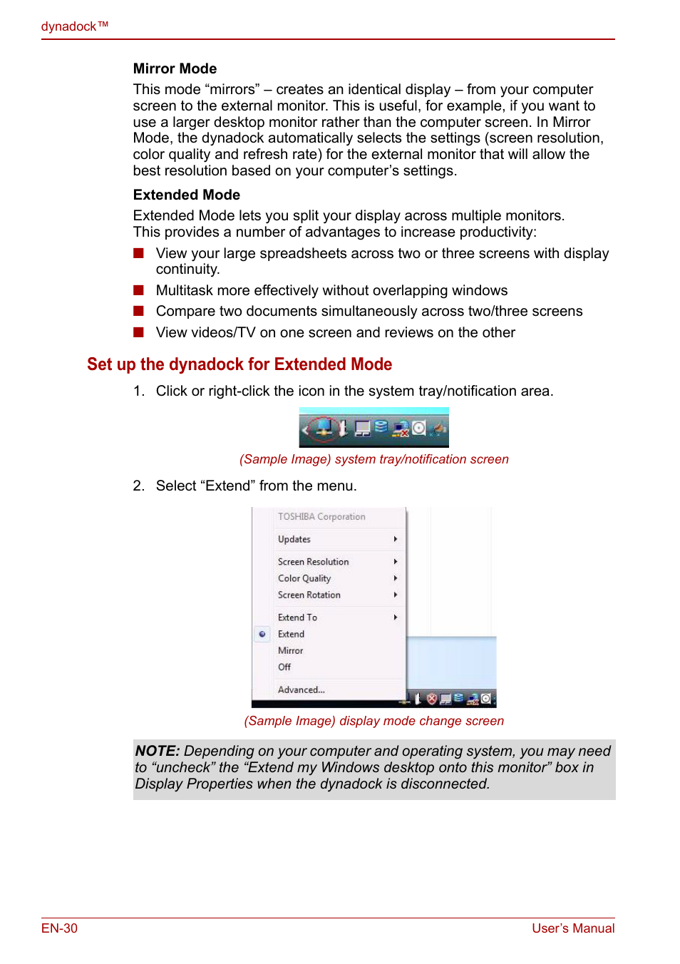 Set up the dynadock for extended mode | Toshiba Dynadock U10 User Manual | Page 30 / 44