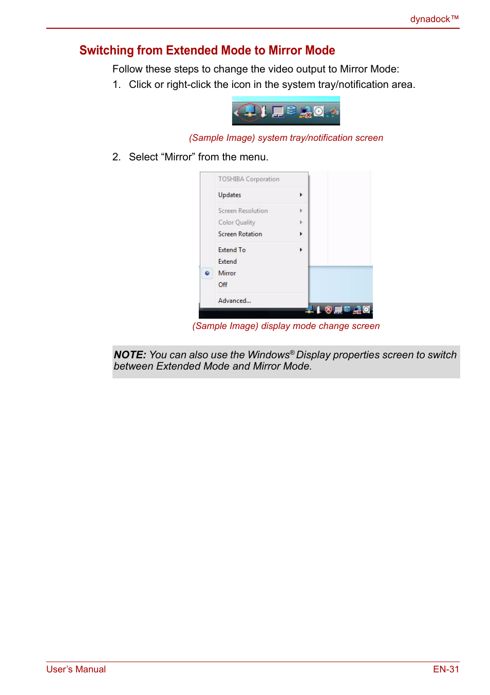Switching from extended mode to mirror mode | Toshiba Dynadock U10 User Manual | Page 31 / 44