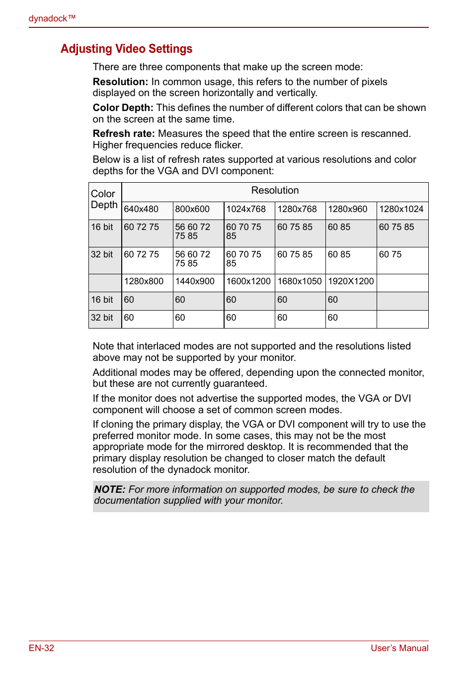 Adjusting video settings | Toshiba Dynadock U10 User Manual | Page 32 / 44