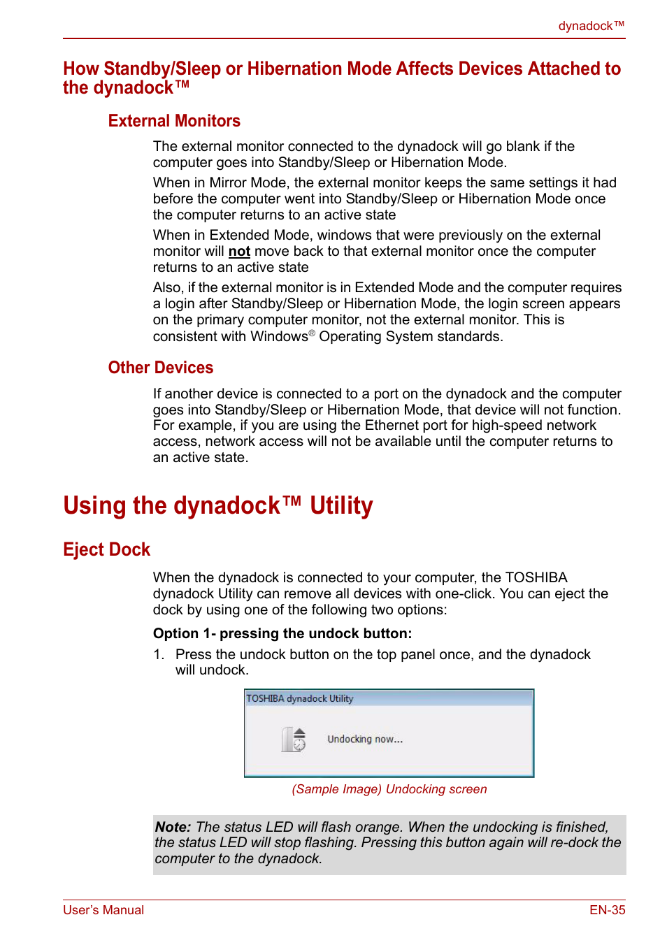 Using the dynadock™ utility, Eject dock | Toshiba Dynadock U10 User Manual | Page 35 / 44