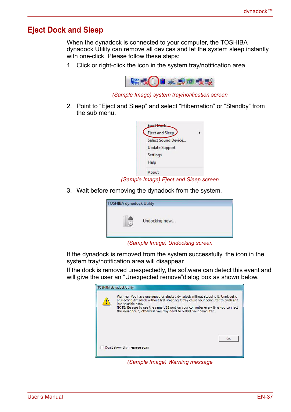Eject dock and sleep | Toshiba Dynadock U10 User Manual | Page 37 / 44