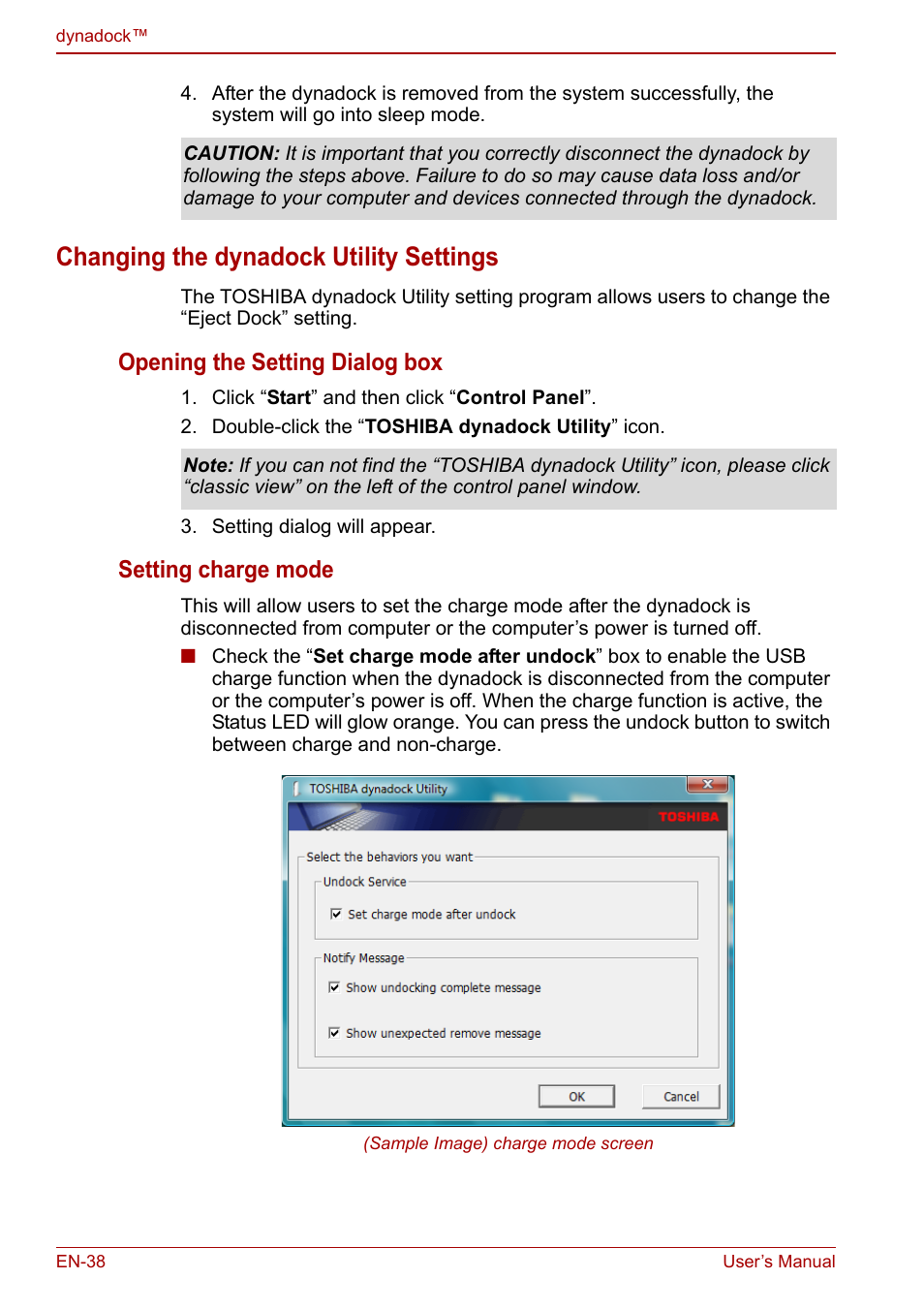 Changing the dynadock utility settings, Opening the setting dialog box, Setting charge mode | Toshiba Dynadock U10 User Manual | Page 38 / 44