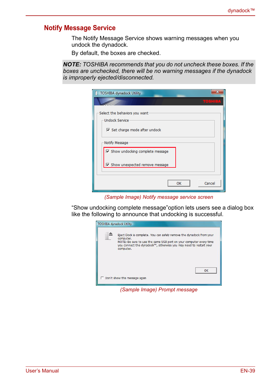 Notify message service | Toshiba Dynadock U10 User Manual | Page 39 / 44