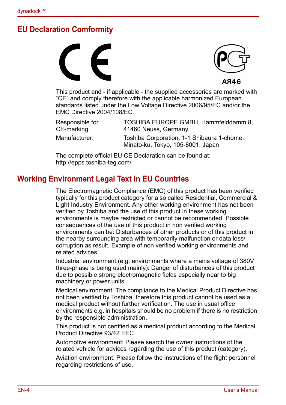 Eu declaration comformity, Working environment legal text in eu countries | Toshiba Dynadock U10 User Manual | Page 4 / 44