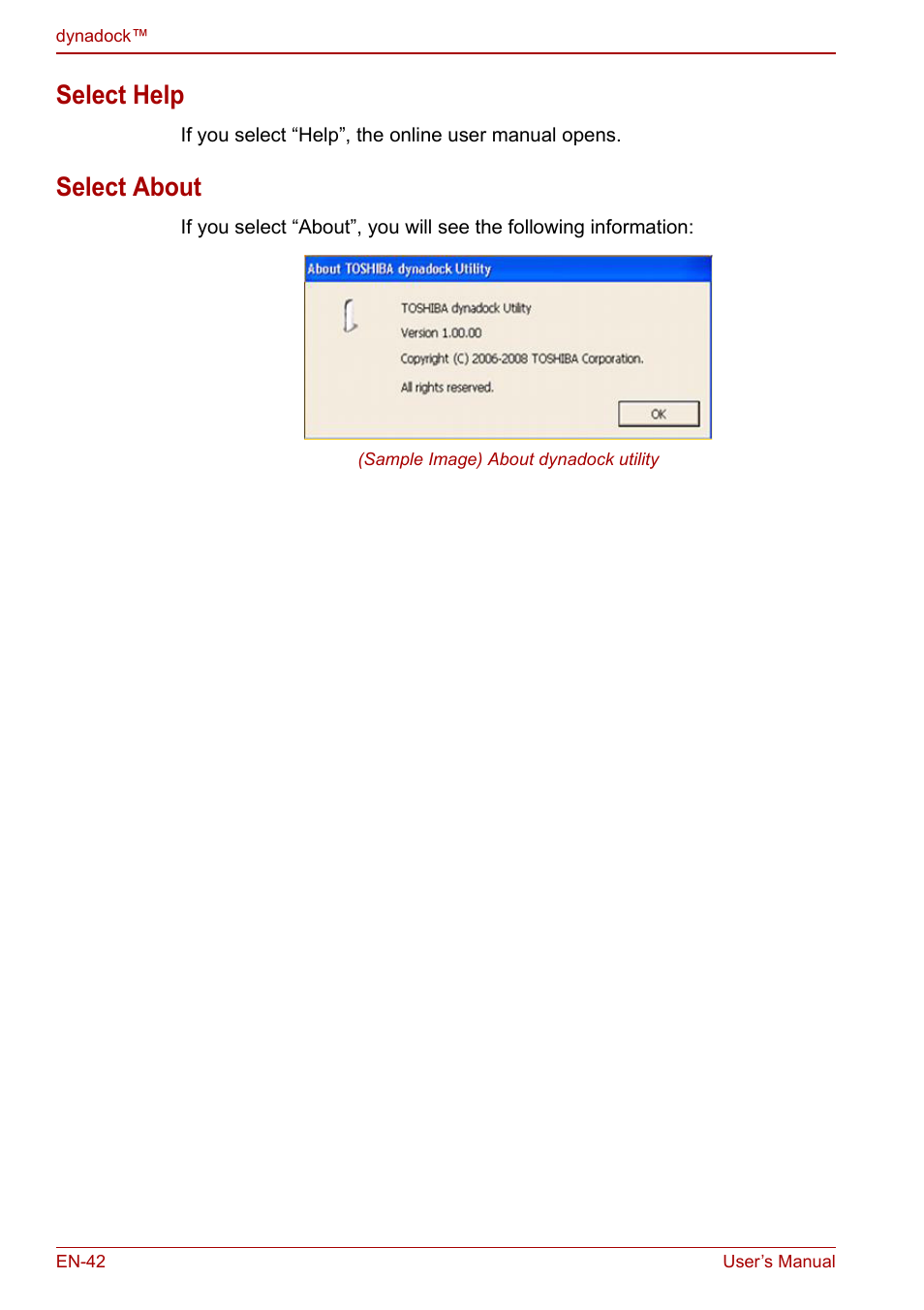 Select help, Select about, Select help select about | Toshiba Dynadock U10 User Manual | Page 42 / 44