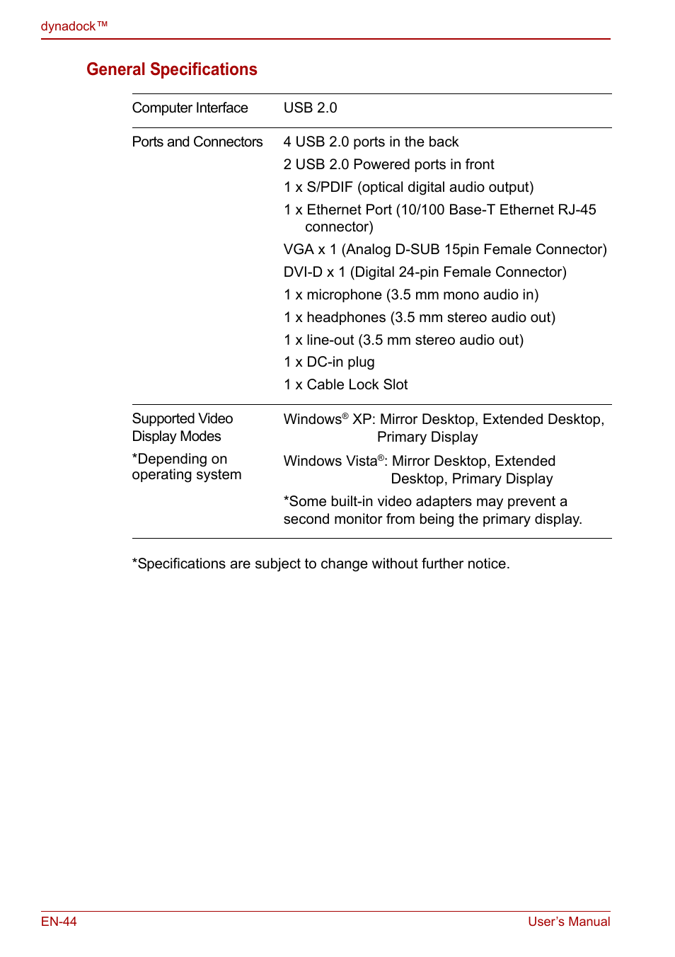 General specifications | Toshiba Dynadock U10 User Manual | Page 44 / 44
