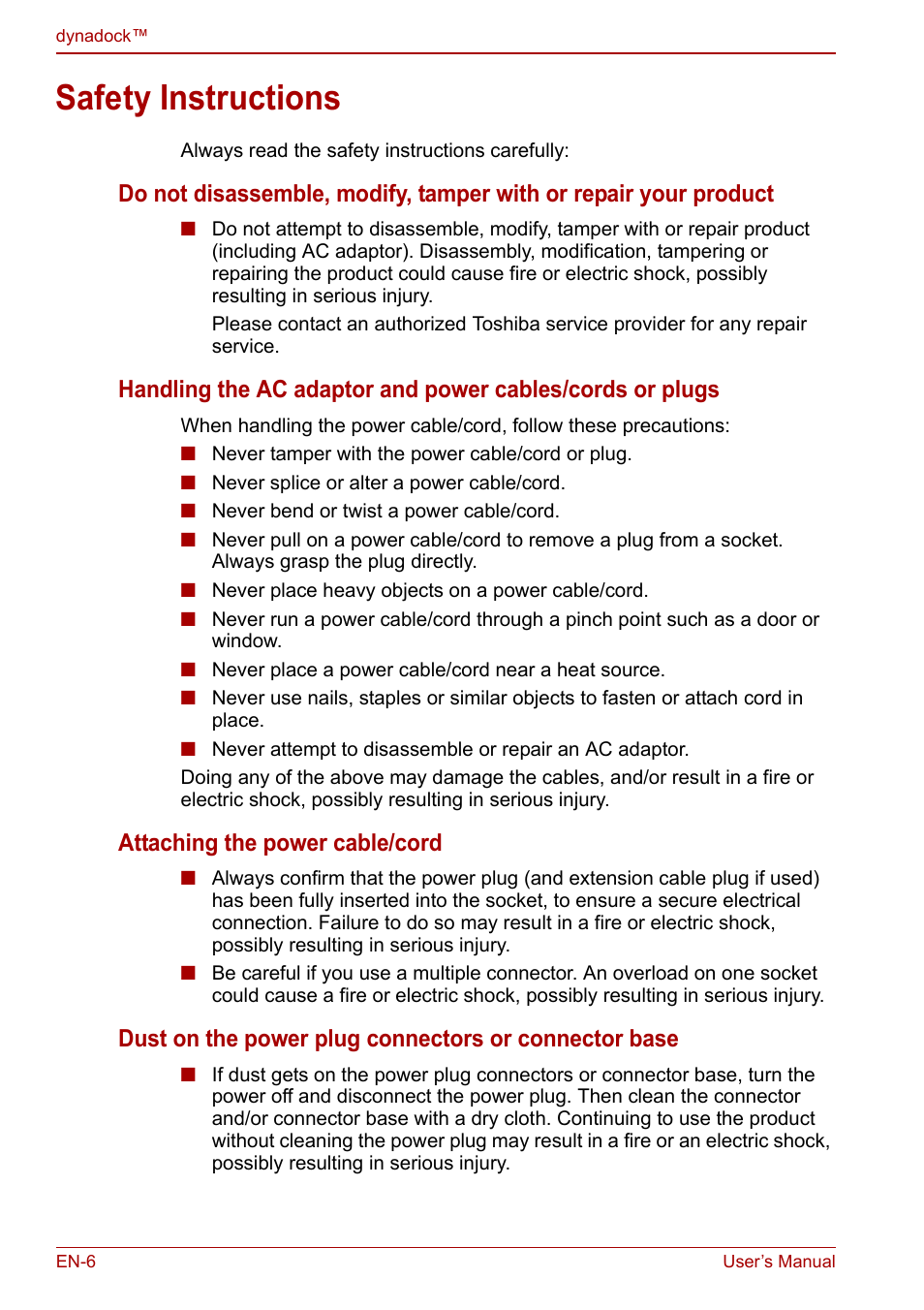 Safety instructions, Attaching the power cable/cord | Toshiba Dynadock U10 User Manual | Page 6 / 44