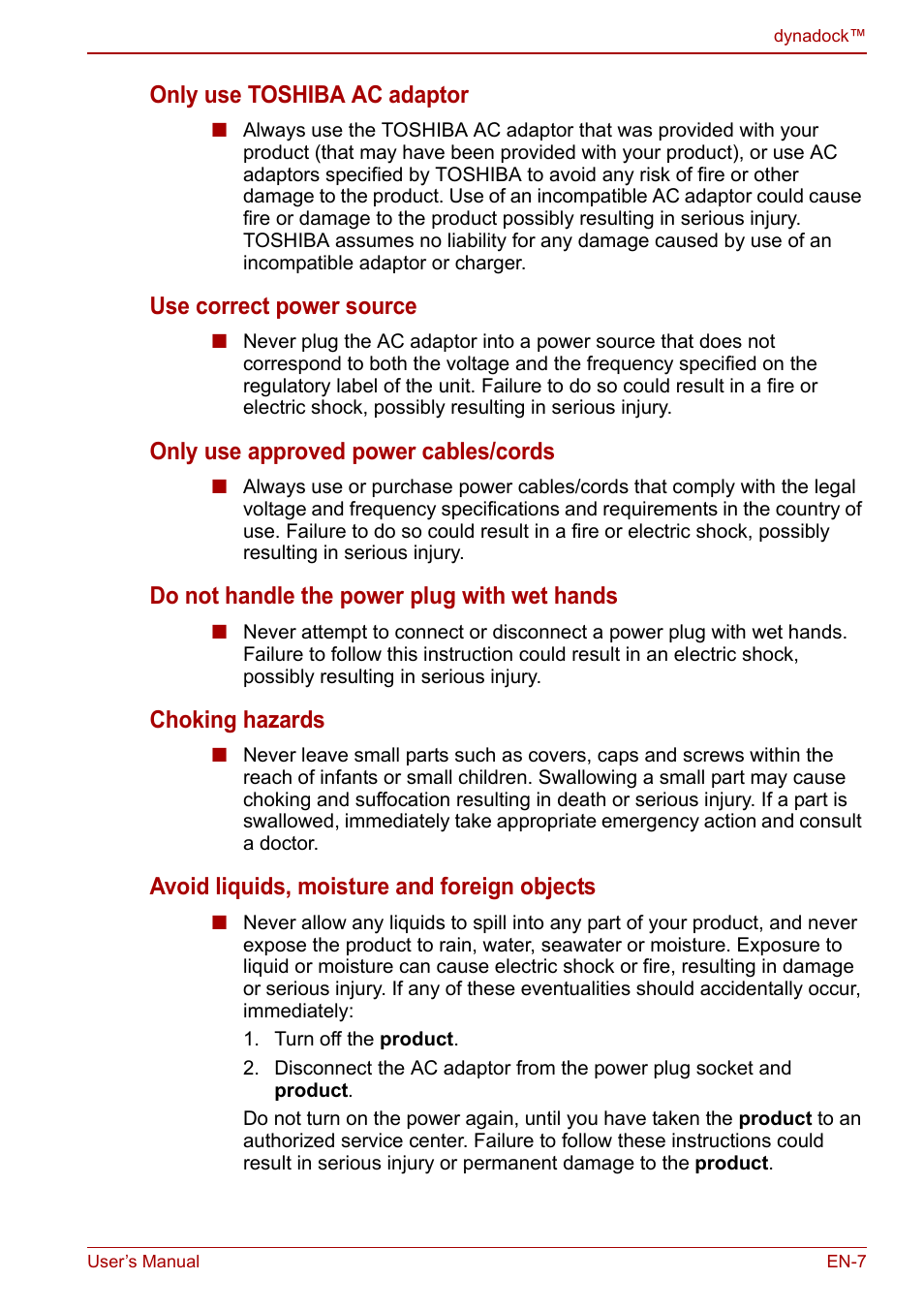 Only use toshiba ac adaptor, Use correct power source, Only use approved power cables/cords | Do not handle the power plug with wet hands, Choking hazards, Avoid liquids, moisture and foreign objects | Toshiba Dynadock U10 User Manual | Page 7 / 44