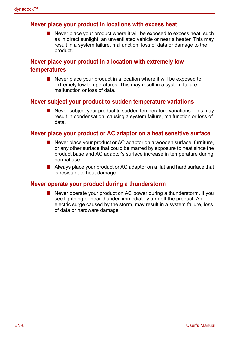 Never operate your product during a thunderstorm | Toshiba Dynadock U10 User Manual | Page 8 / 44