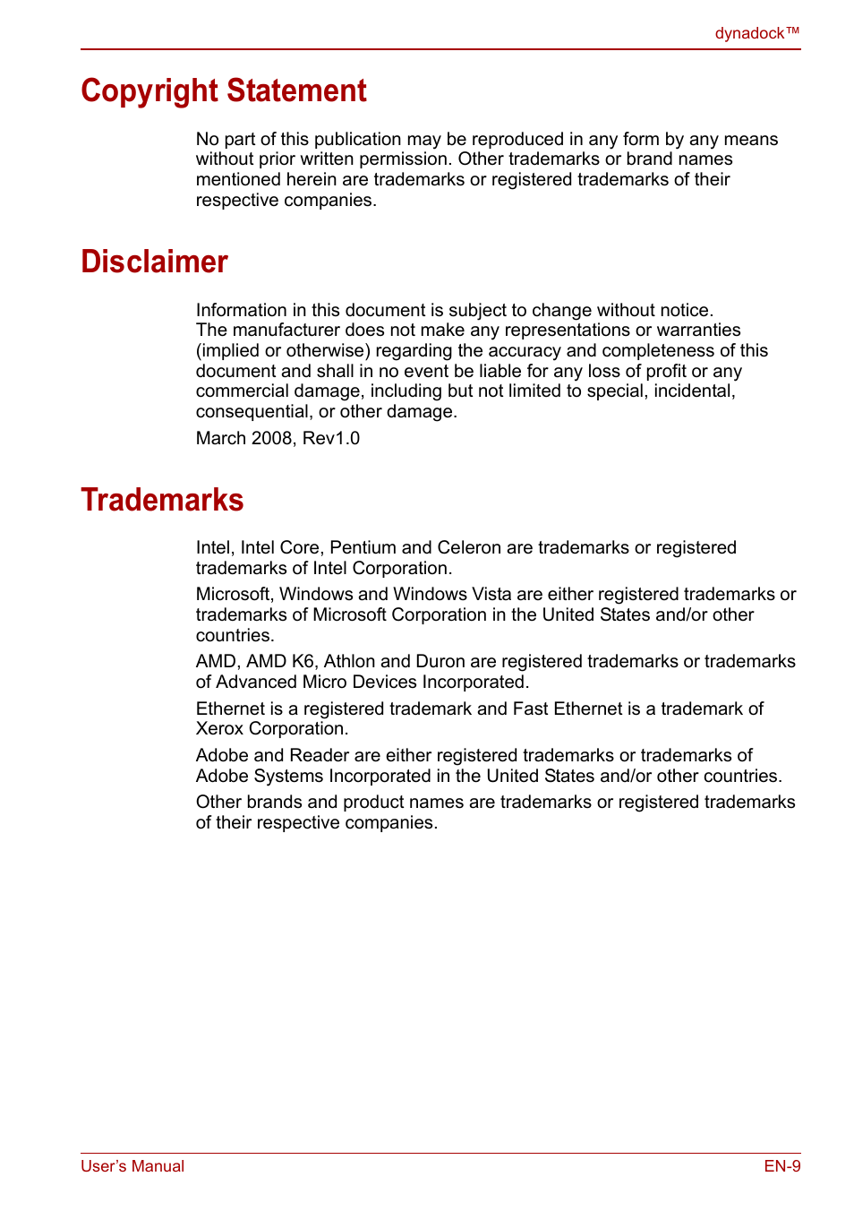 Copyright statement, Disclaimer, Trademarks | Toshiba Dynadock U10 User Manual | Page 9 / 44