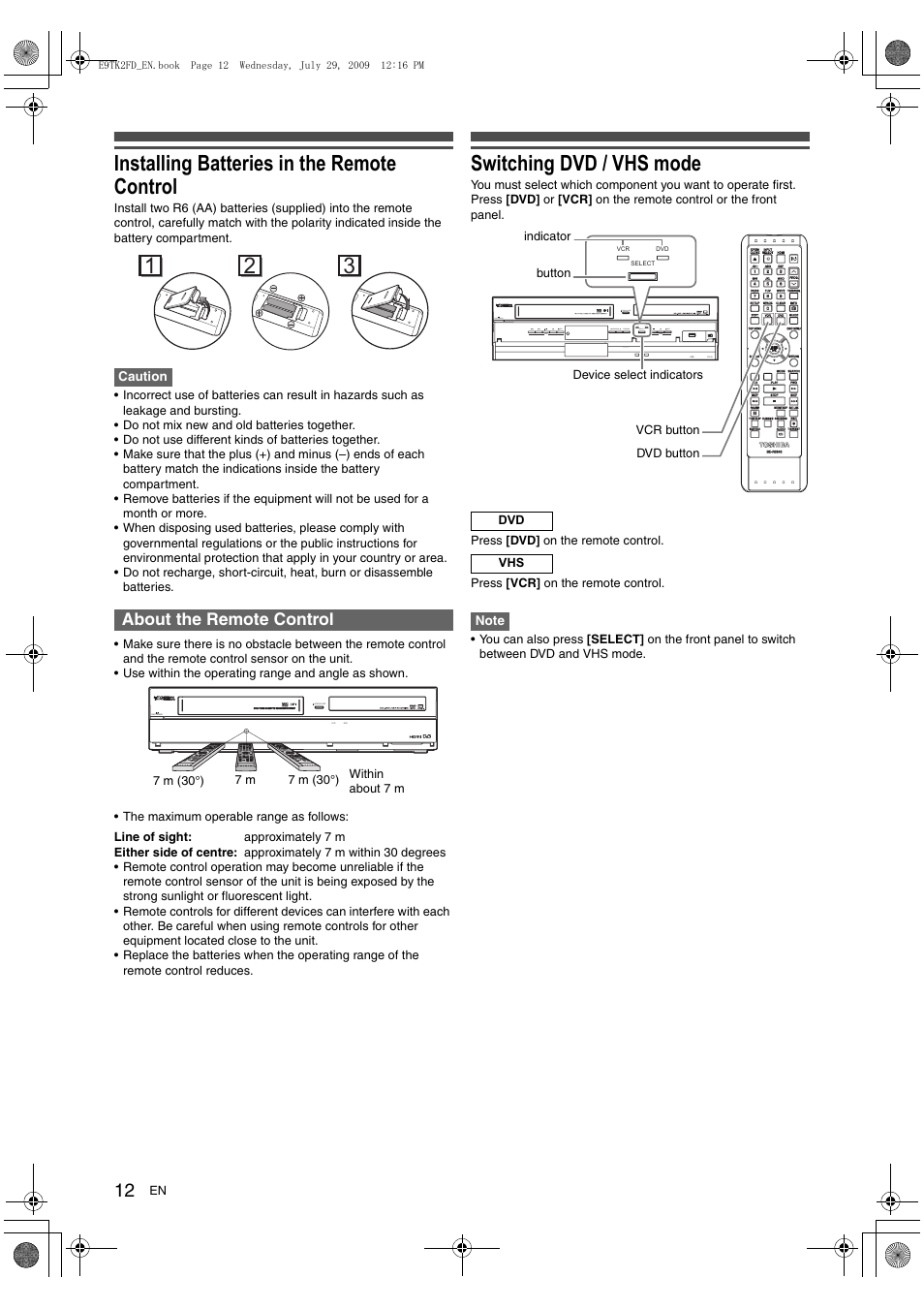 Installing batteries in the remote control, Switching dvd / vhs mode, About the remote control | Toshiba DVR70 User Manual | Page 12 / 80