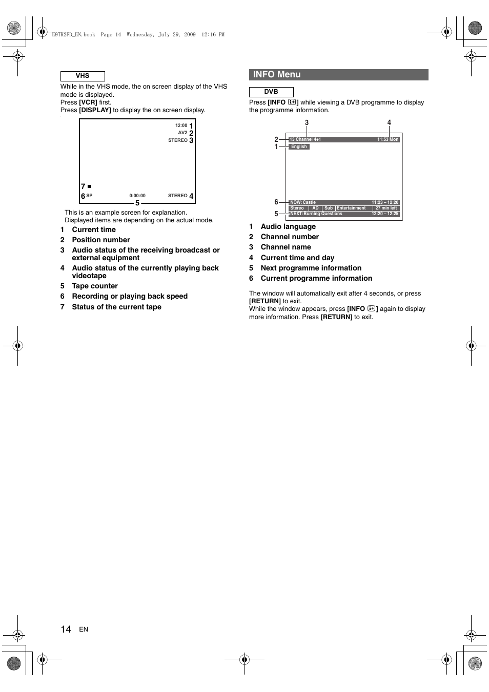 Info menu | Toshiba DVR70 User Manual | Page 14 / 80