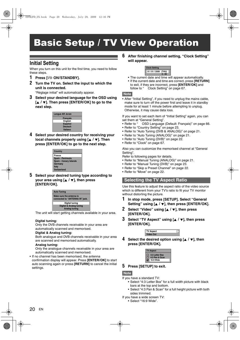 Basic setup / tv view operation, Initial setting, Selecting the tv aspect ratio | Toshiba DVR70 User Manual | Page 20 / 80