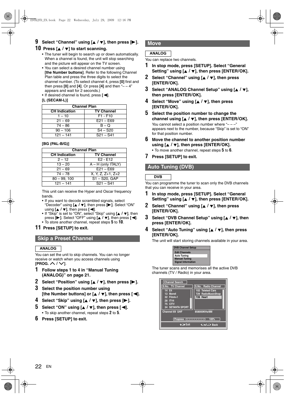 Skip a preset channel, Move, Auto tuning (dvb) | Toshiba DVR70 User Manual | Page 22 / 80