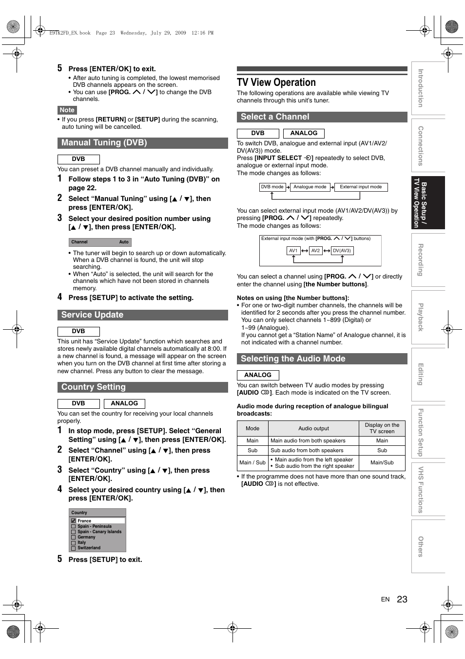 Tv view operation, Manual tuning (dvb), Service update | Country setting, Select a channel, Selecting the audio mode | Toshiba DVR70 User Manual | Page 23 / 80