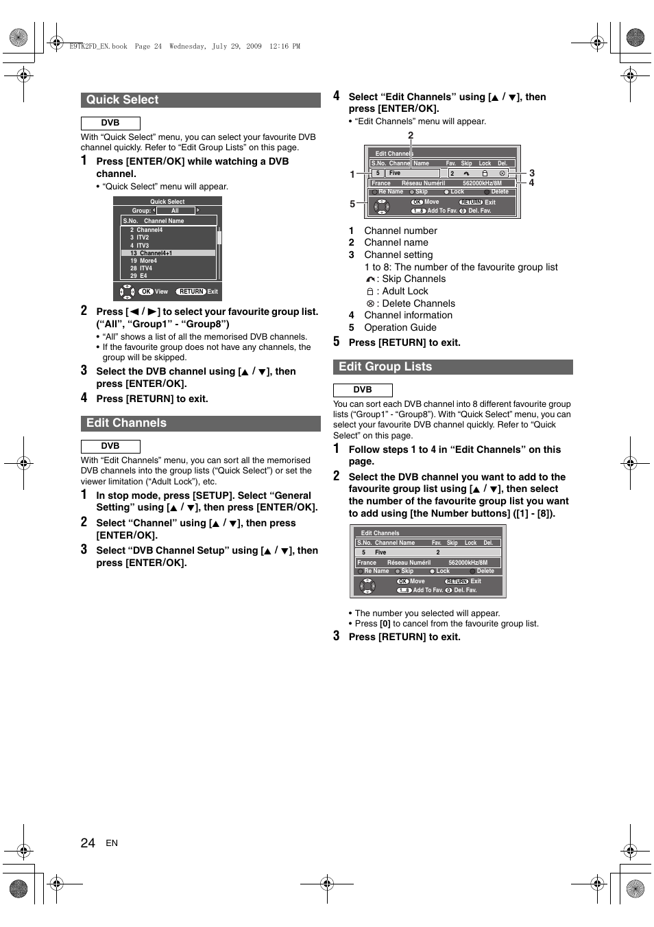 Quick select, Edit channels, Edit group lists | Toshiba DVR70 User Manual | Page 24 / 80
