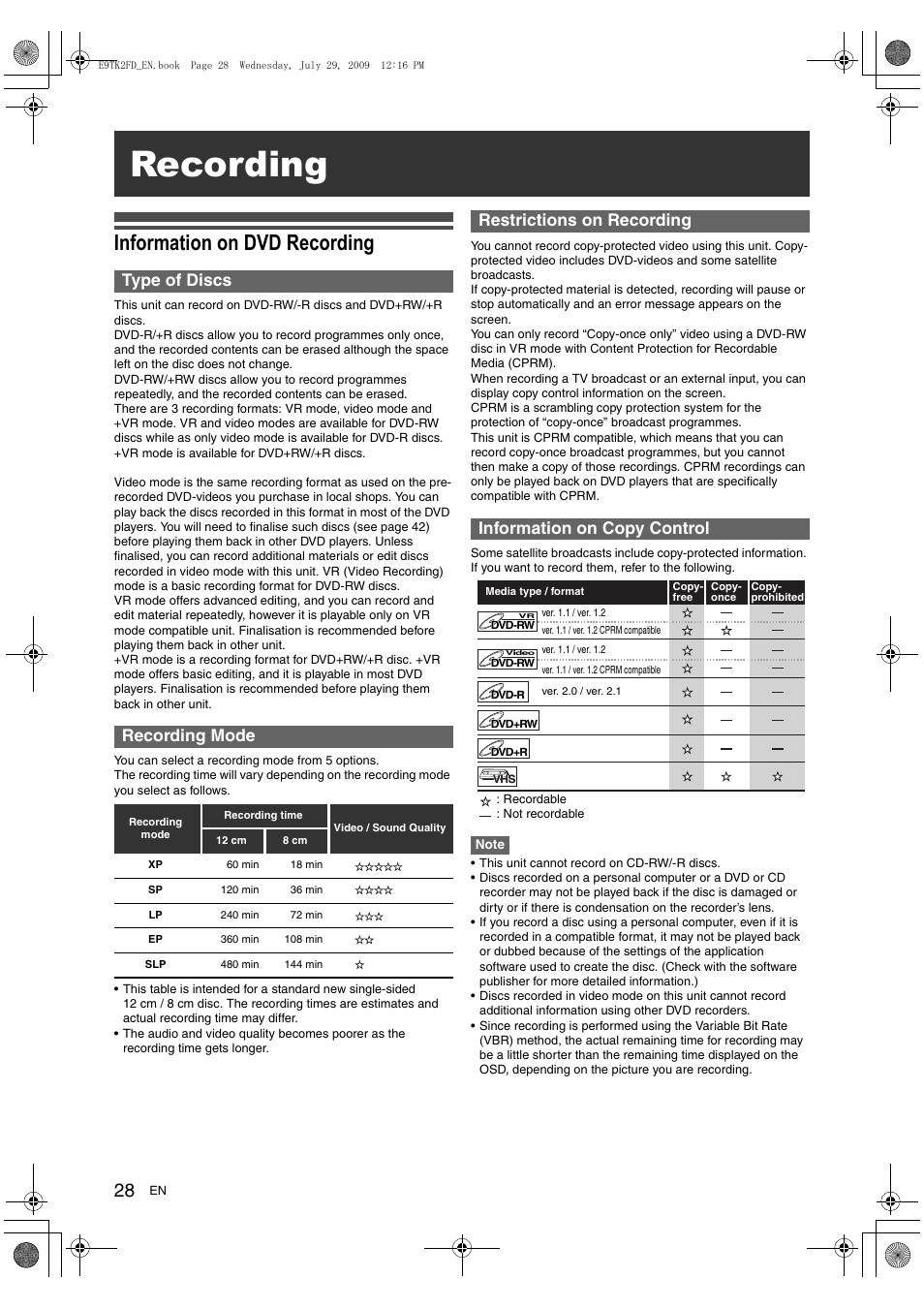 Recording, Information on dvd recording, Type of discs recording mode | Toshiba DVR70 User Manual | Page 28 / 80