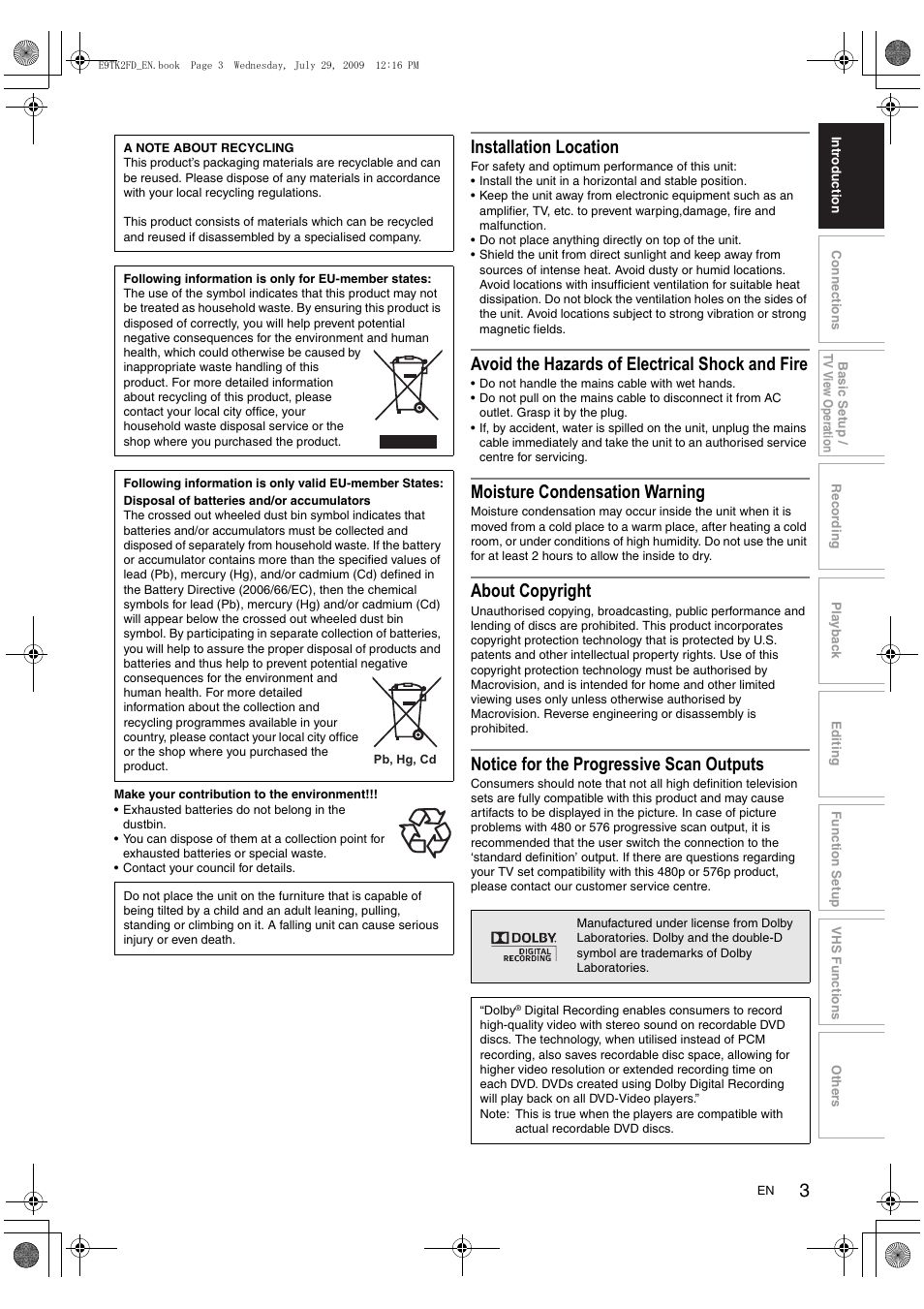 Installation location, Avoid the hazards of electrical shock and fire, Moisture condensation warning | About copyright, Notice for the progressive scan outputs | Toshiba DVR70 User Manual | Page 3 / 80