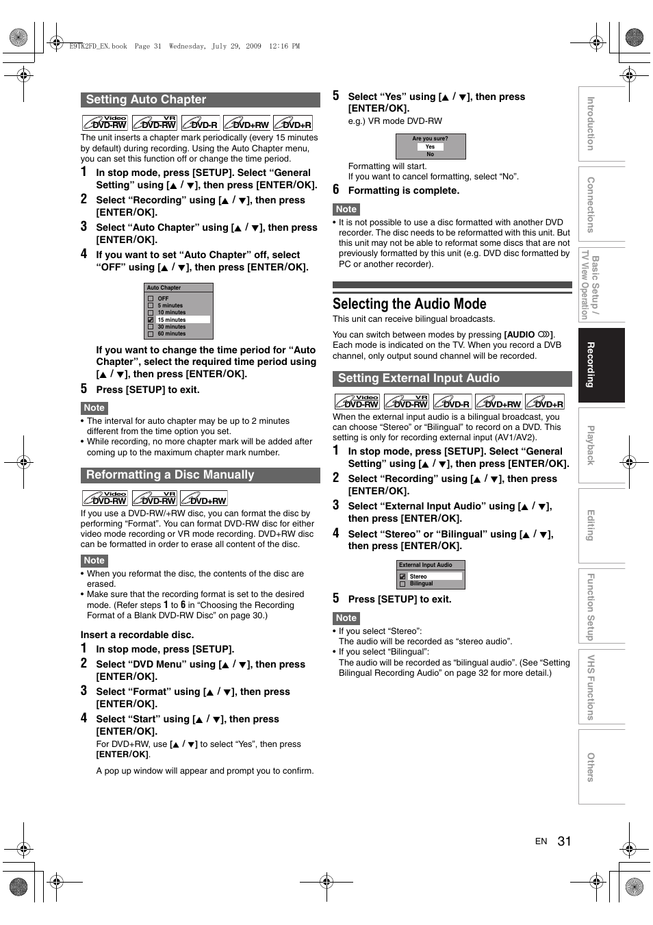 Selecting the audio mode, Setting auto chapter reformatting a disc manually, Setting external input audio | Toshiba DVR70 User Manual | Page 31 / 80